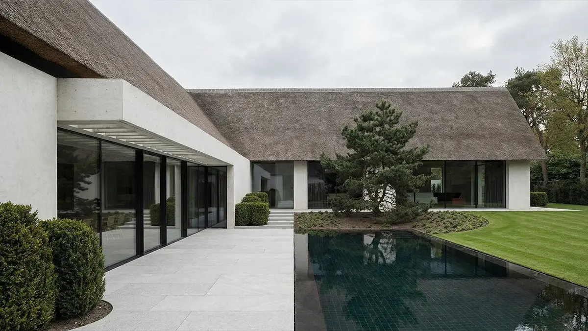 Nieuw landhuis met rieten kap in Bilthoven op bouwgrond, architect ontwerp
