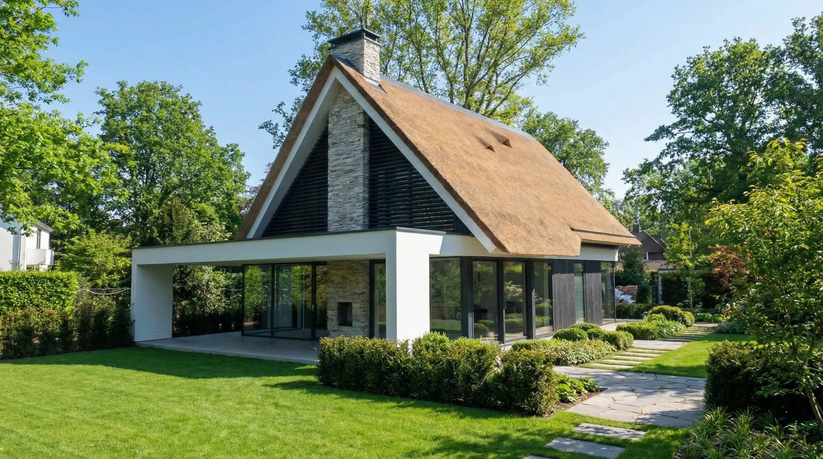 Moderne villa in Blaricum met rieten kap, wit stucwerk en grote puien naar de tuin