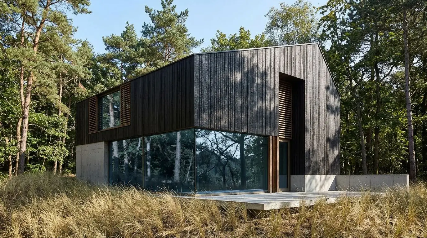 Bosvilla in Almere Duin met ingetogen architectuur in Muiderbos