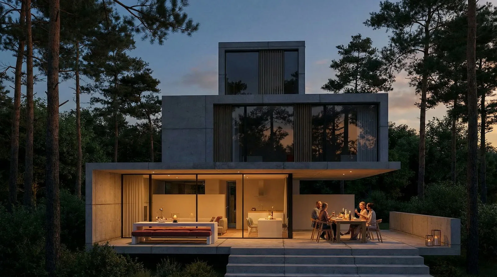 Kubistische villa met gelaagde terrassen: subtiele volumewerking in het bos.