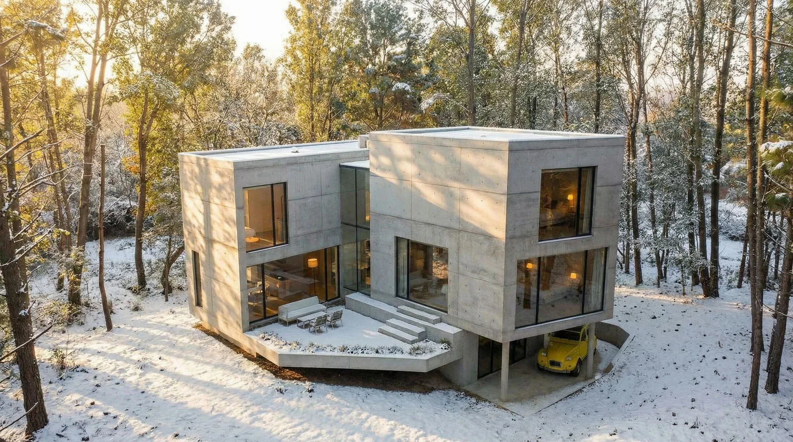Monolithische bosvilla: sober volume, eenduidige materialisering en een rustige, tijdloze uitstraling in winterse setting.