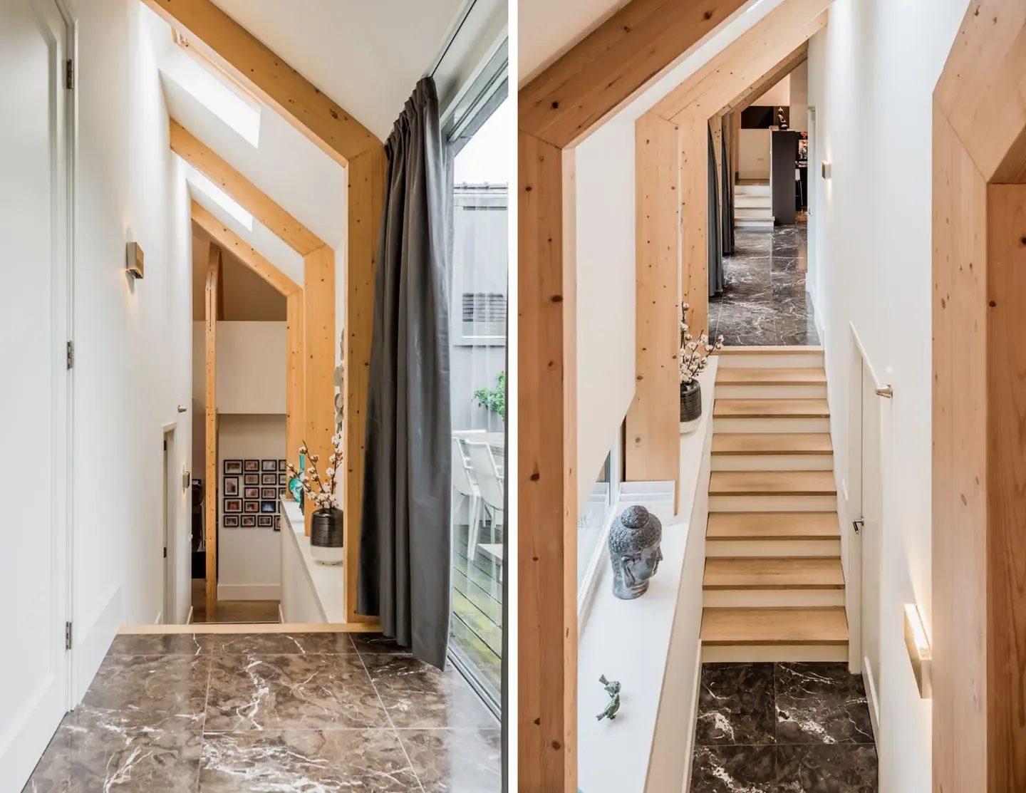 Houten spanten in zicht benadrukken de kapvorm en geven ritme aan het interieur