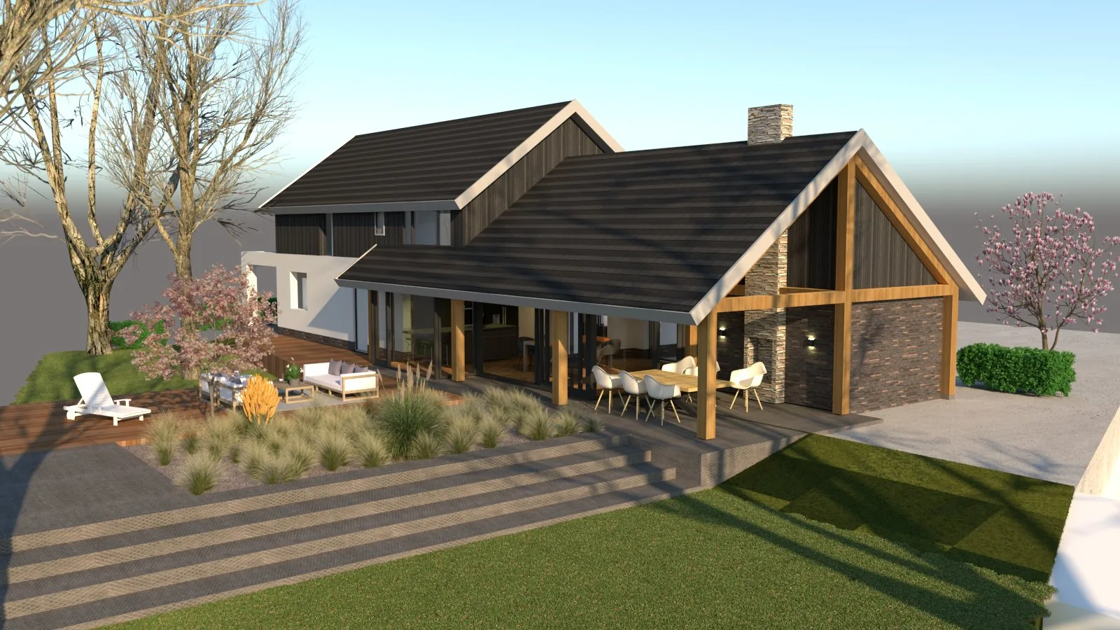 Gevelopbouw met verticale zwart gebeitste houten delen en licht pleisterwerk
