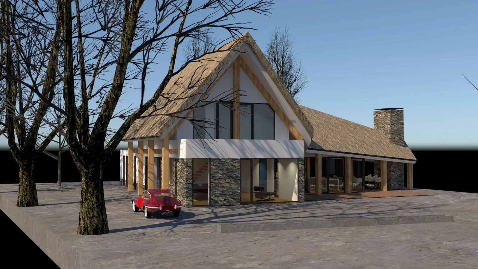Eetkamer en veranda aan de tuinzijde, ontworpen als geluidsluwe buitenzone.