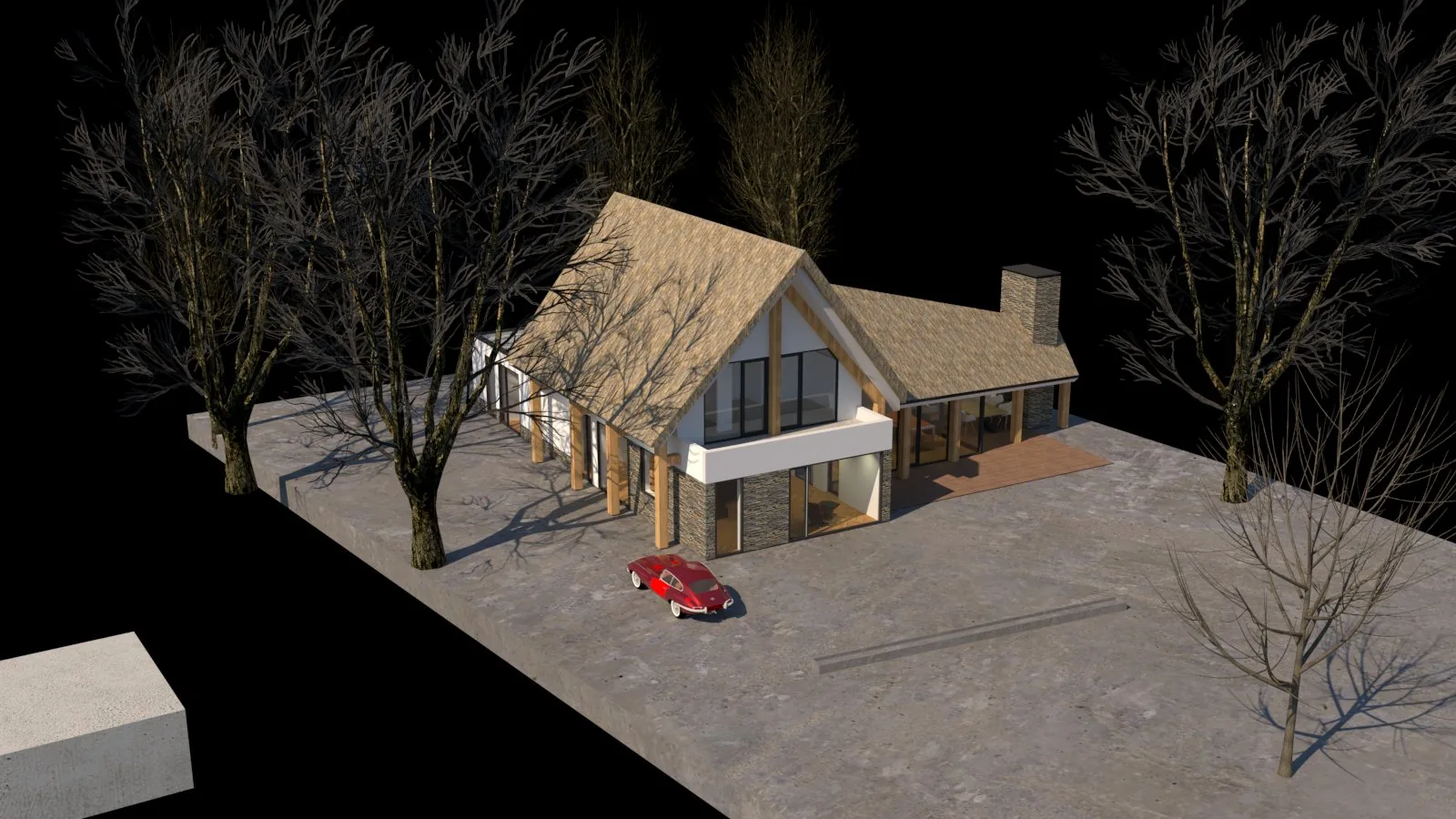Gerealiseerde witte villa met rieten kap en buitenruimte rond het zwembad.