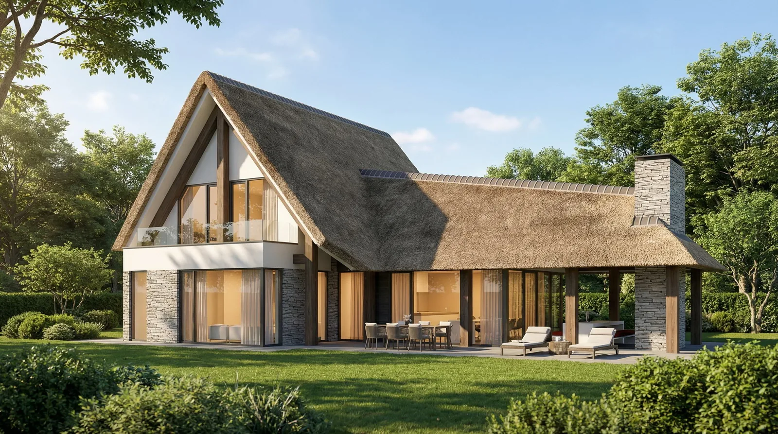 Moderne villa met rieten kap in Kortenhoef, ingepast op een groen perceel nabij natuurgebied.