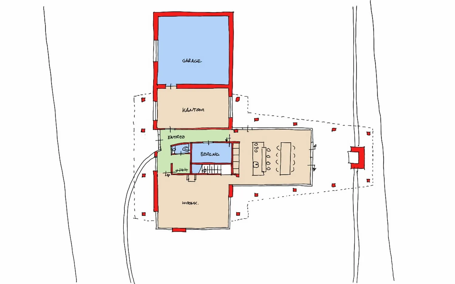 Vroege ontwerpimpressie van de moderne villa met rieten kap in Kortenhoef.