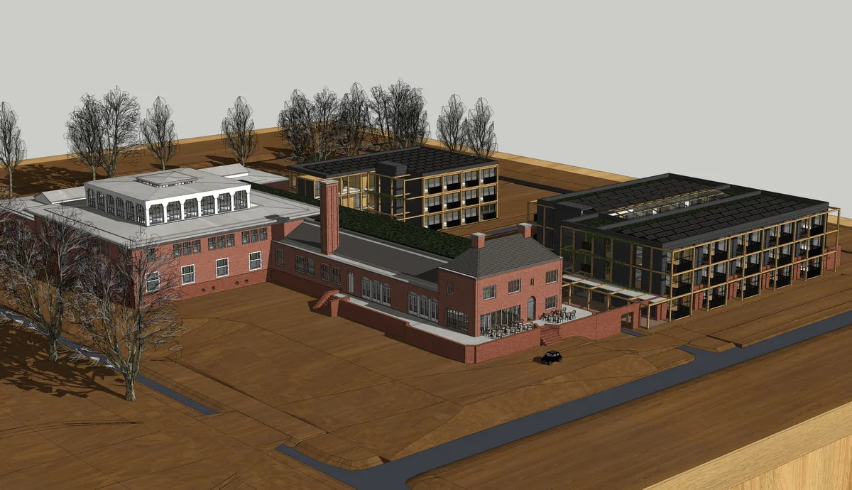 Maquette herbestemming NERA gebouw in Nederhorst den Berg met nieuwbouw achter het monument