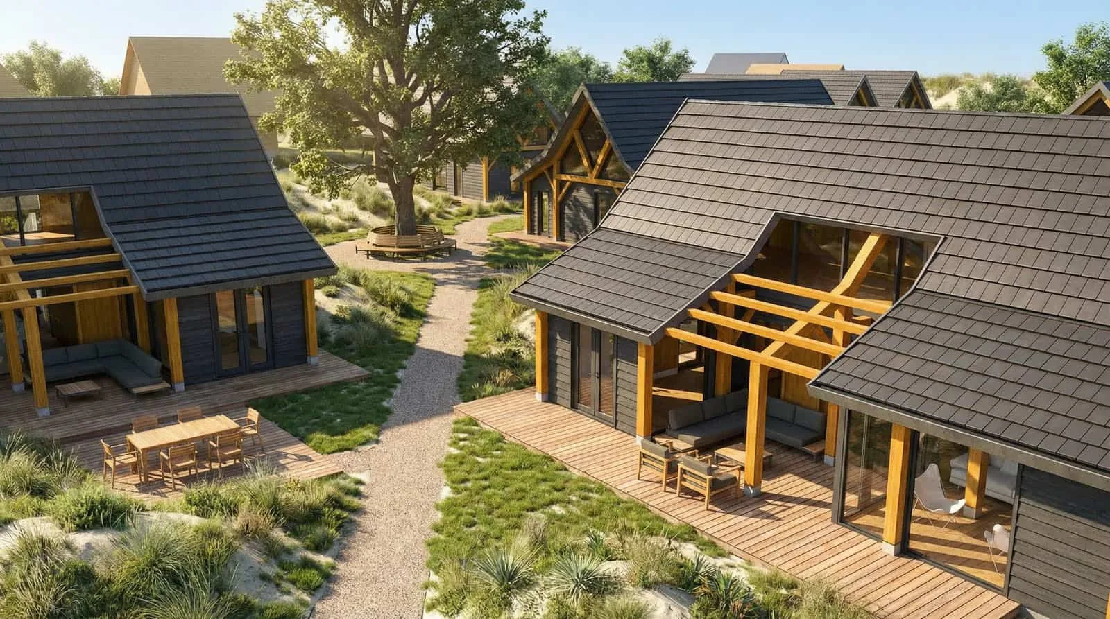 Moderne houten schuurwoningen rondom centrale ontmoetingsplek in een erfopstelling met groen en wandelpaden.