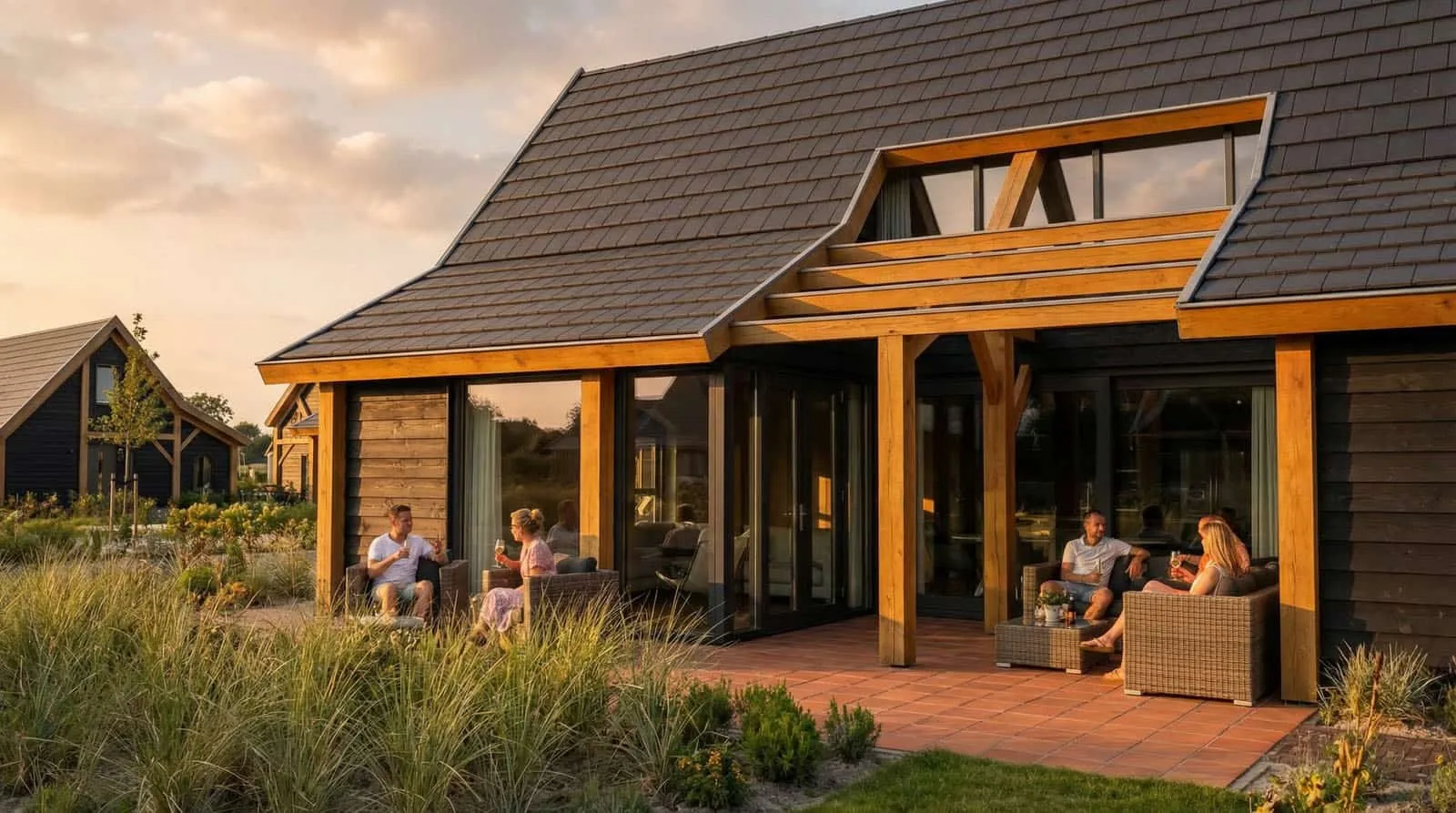 Seniorenwoning met houten schuurarchitectuur en bewoners op een beschut privéterras in het groen
