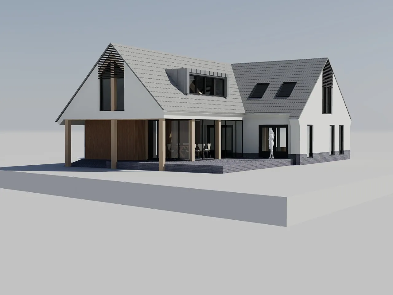 Kap doorgetrokken over garage met tuinkamer