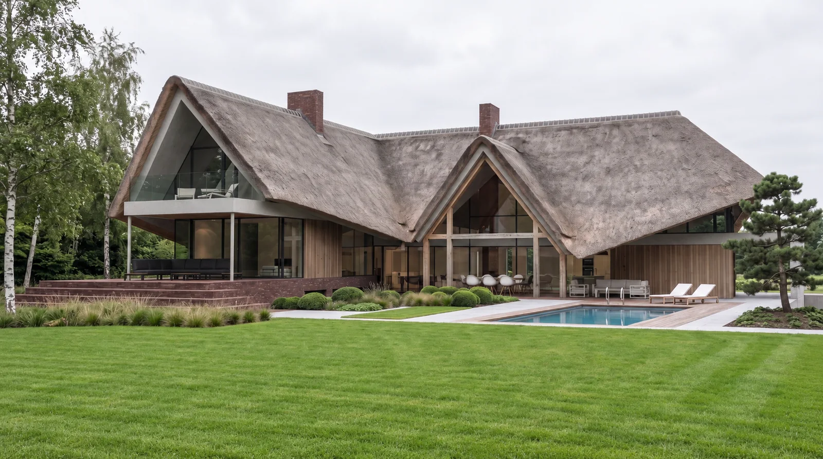 Ontwerpimpressie van een moderne rietgedekte villa met groene tuin, glazen gevels en zwembad
