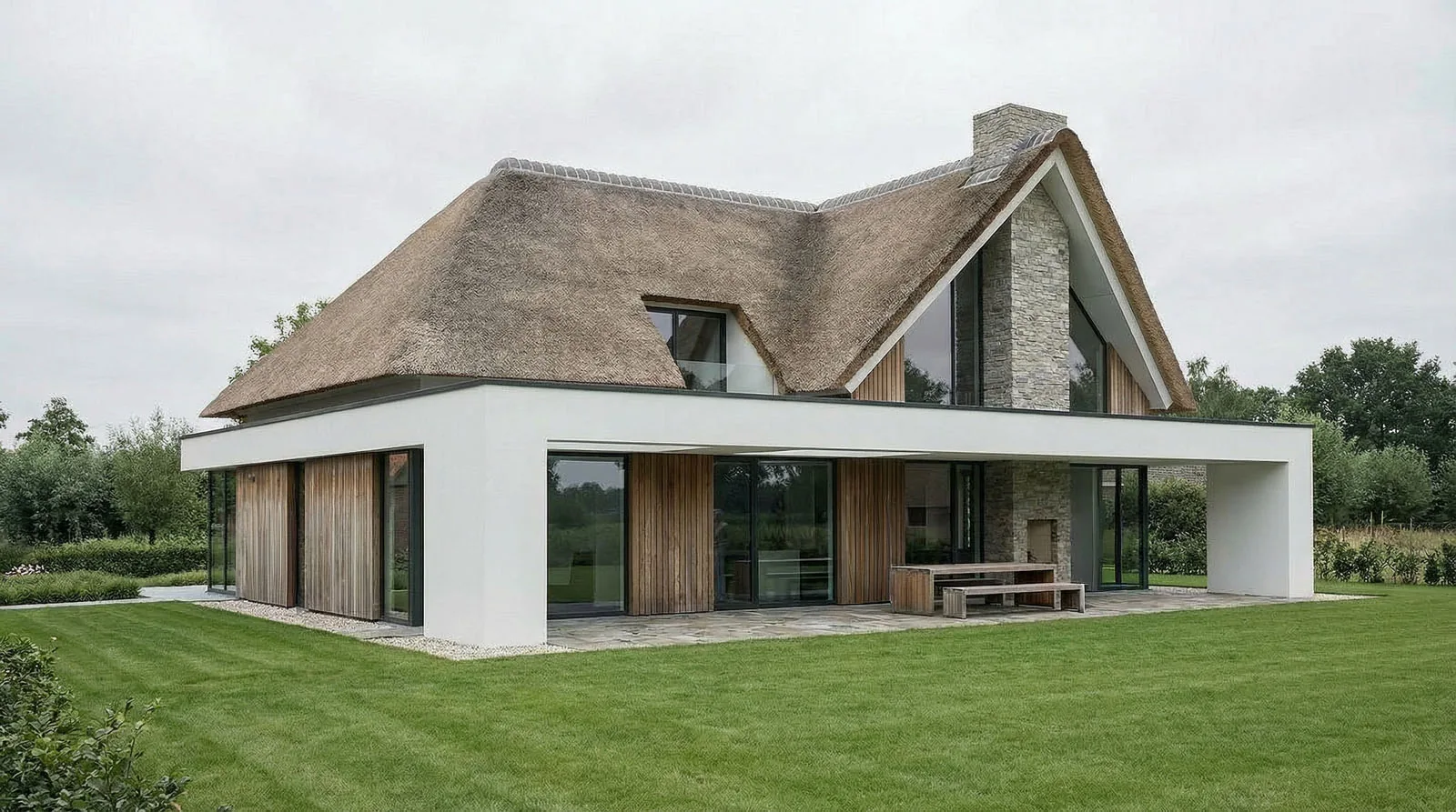 Geveldetail met wit stucwerk, houtaccenten en rieten kap
