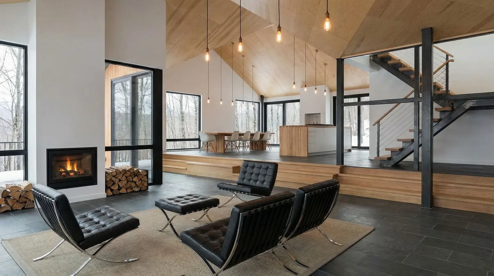 Woonzone met vide, hoge plafonds, warm hout en natuursteen