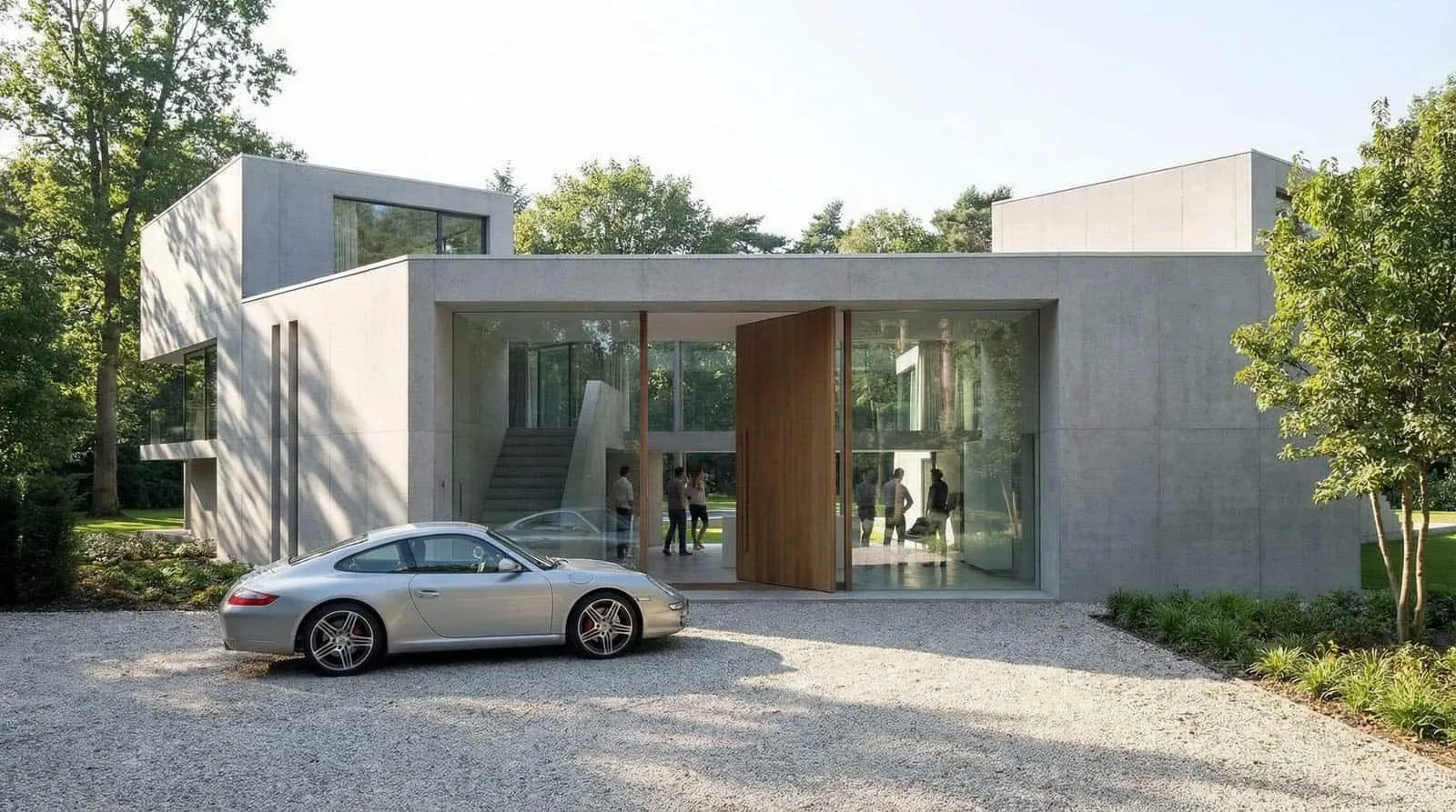 Entreecompositie met brede houten deur, betonnen trap en ingetogen materialisatie.
