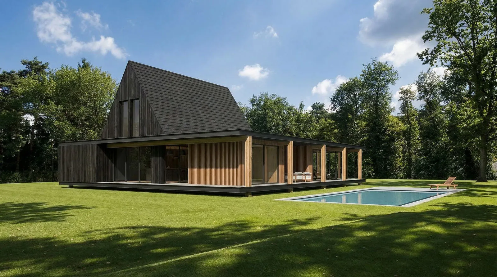 Buitenzijde van de prefab villa met zwembad en panoramische relatie met het landschap.
