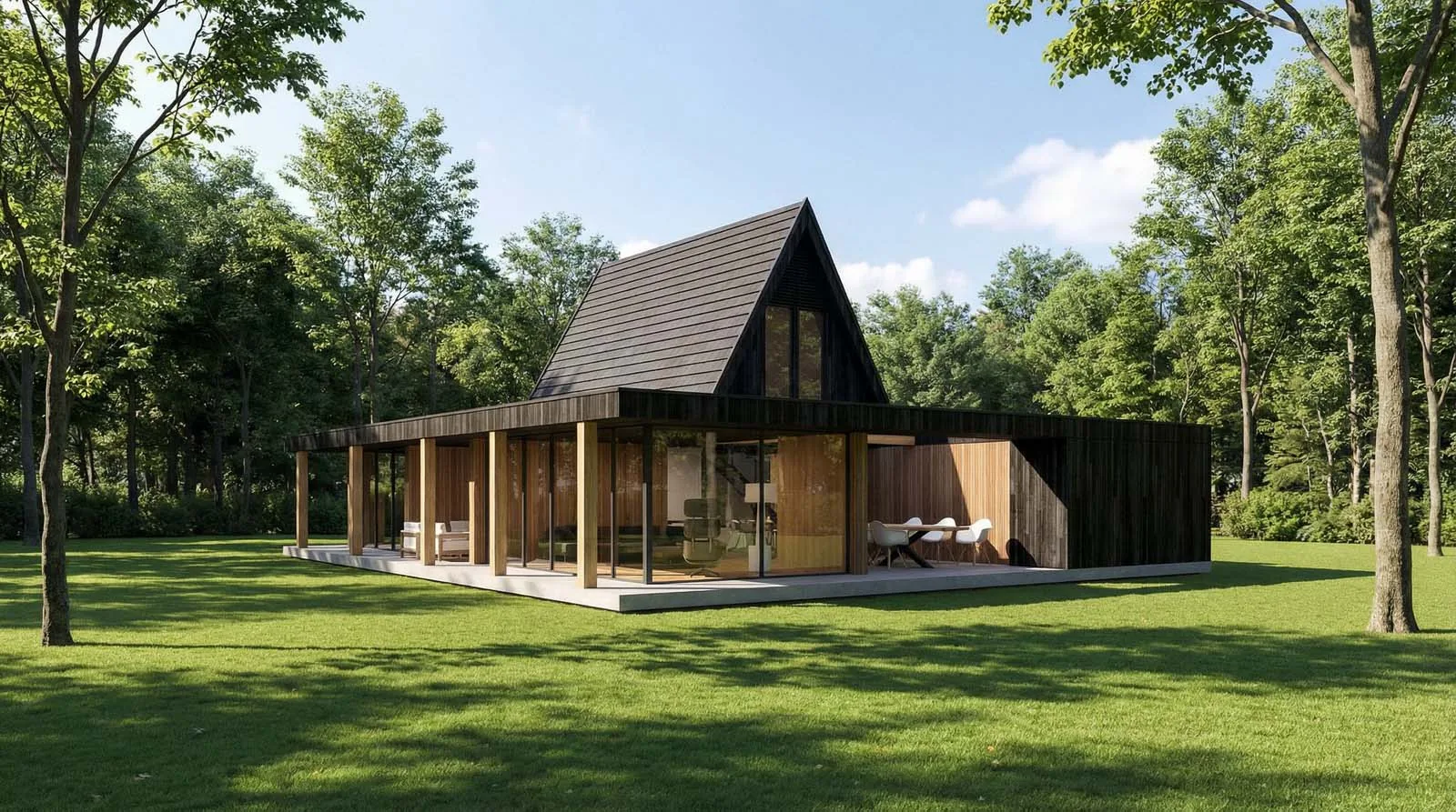 Donkerhouten gevel met zwevend terras en patio aan de zonzijde van de woning.