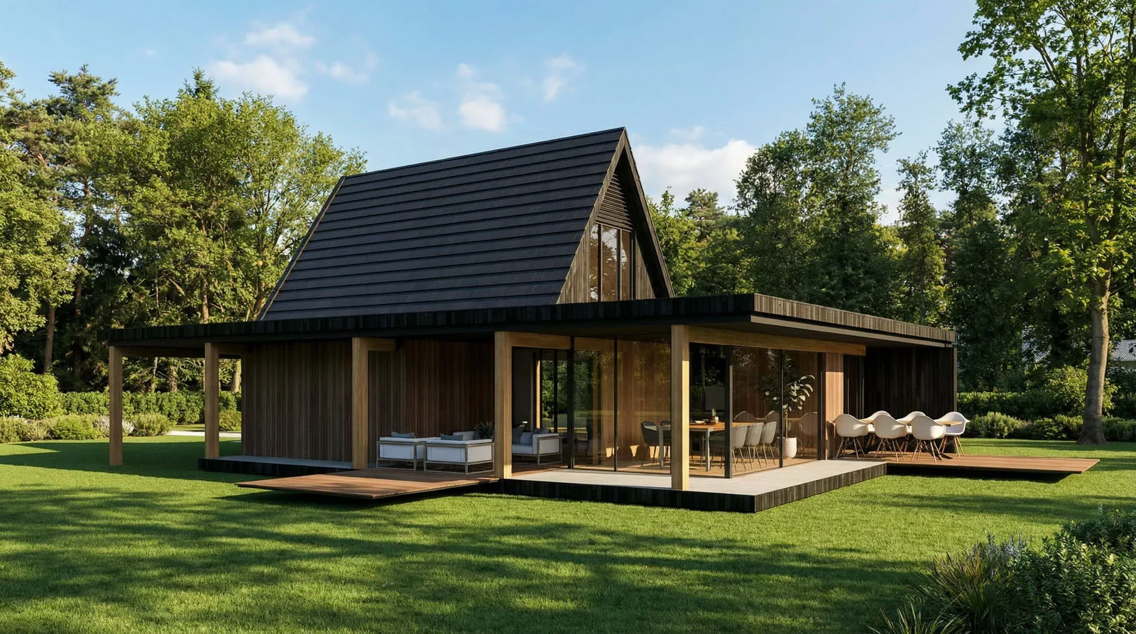 Houten designvilla met A-frame dak en zwembad ingebed in het groen van Bilthoven.