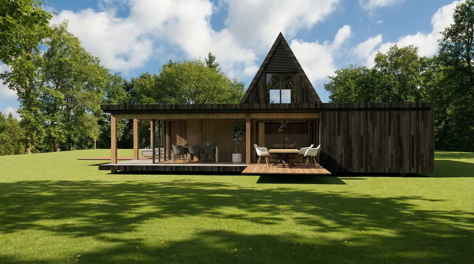 Prefab volume met uitkragend terras en patio waar woon- en buitenruimte samenkomen.
