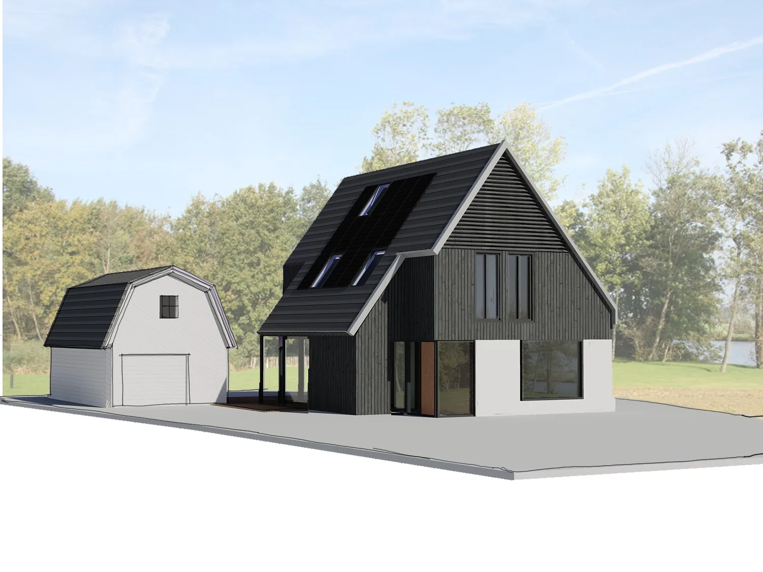 Ontwerpschets van de prefab aanbouw met doorlopende kap en nieuwe leefruimte.