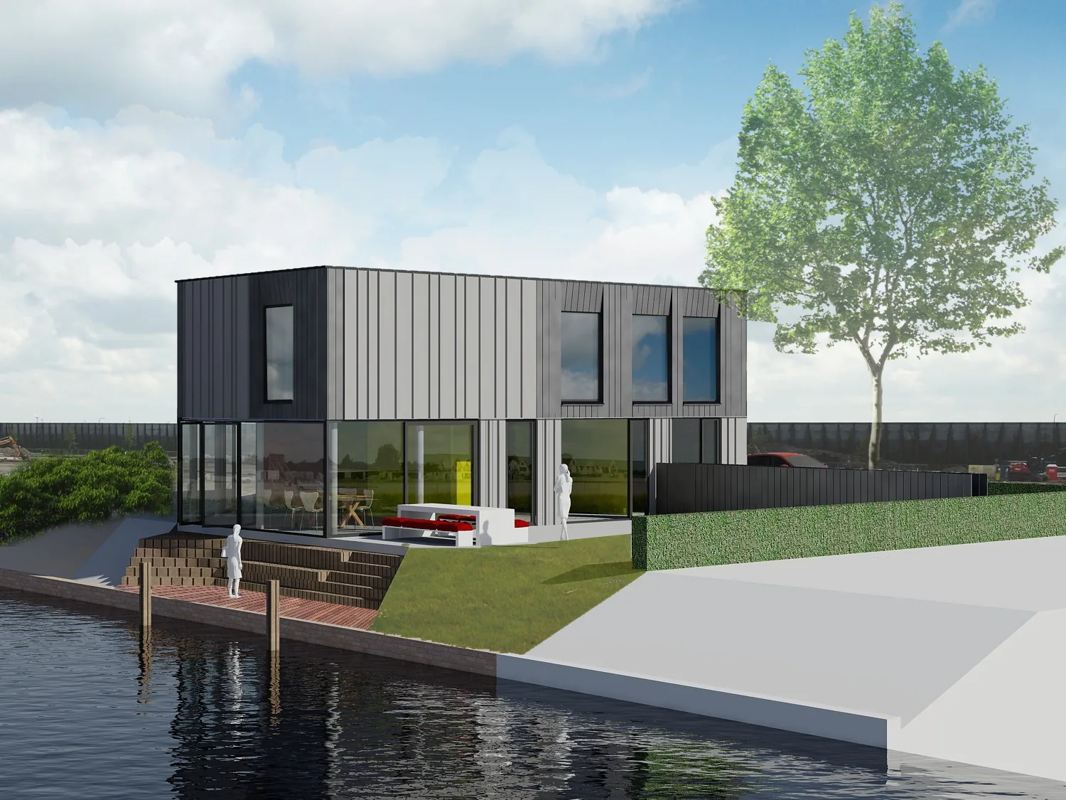 Villa aan het water in de Blaricummermeent met sterke relatie tussen woning en steiger.