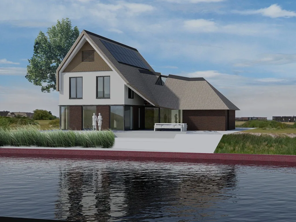 Achtergevel met terras en tuinzone die aansluit op de openbare groenstructuur.