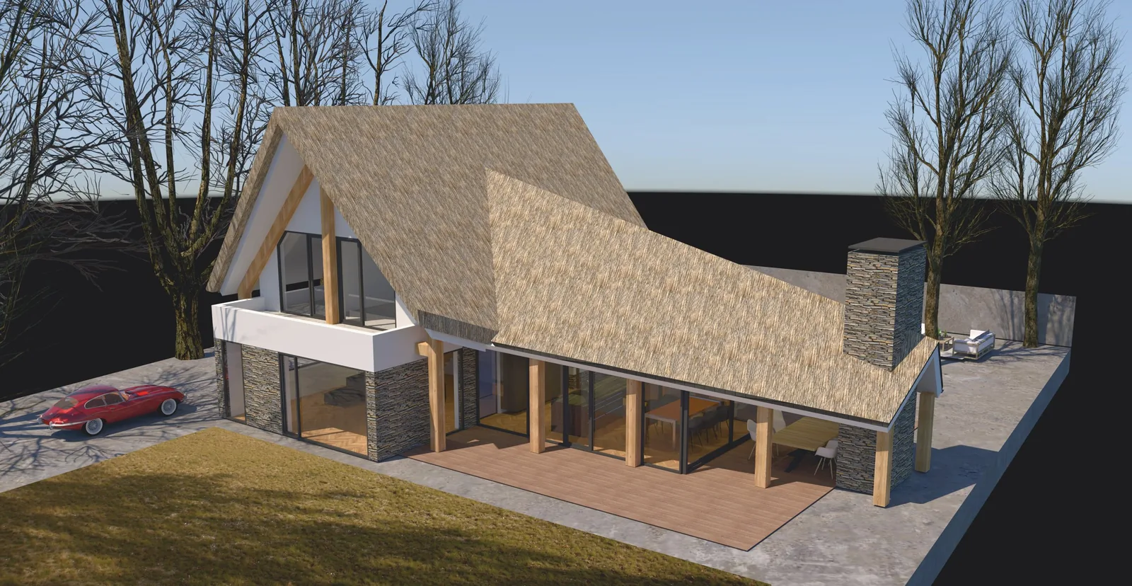 Moderne rietkapvilla in Kortenhoef met grote glaspartijen