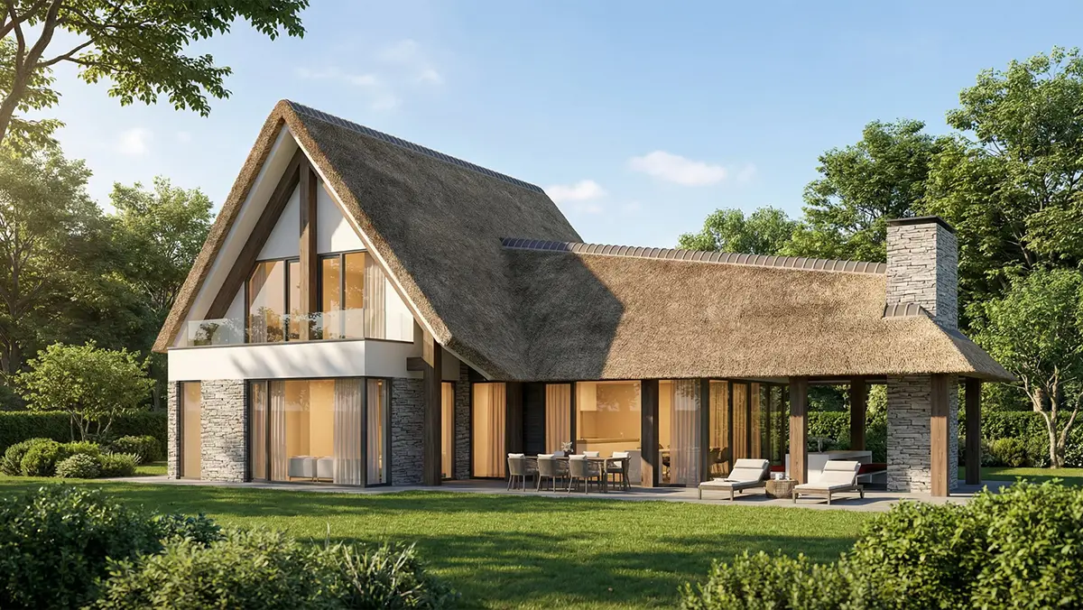 Moderne rieten kap villa in Kortenhoef, Wijdemeren met eigentijdse materialen